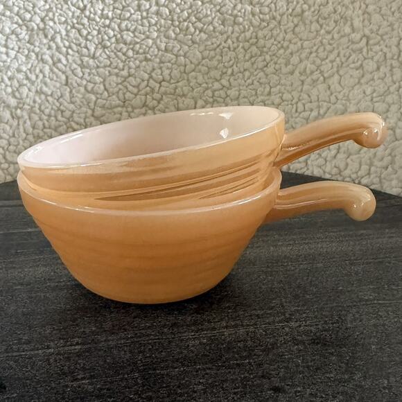 MCM Vintage Fire King Soup Bowls Peach Luster Ovenware Beehive With Handles USA - Picture 1 of 7